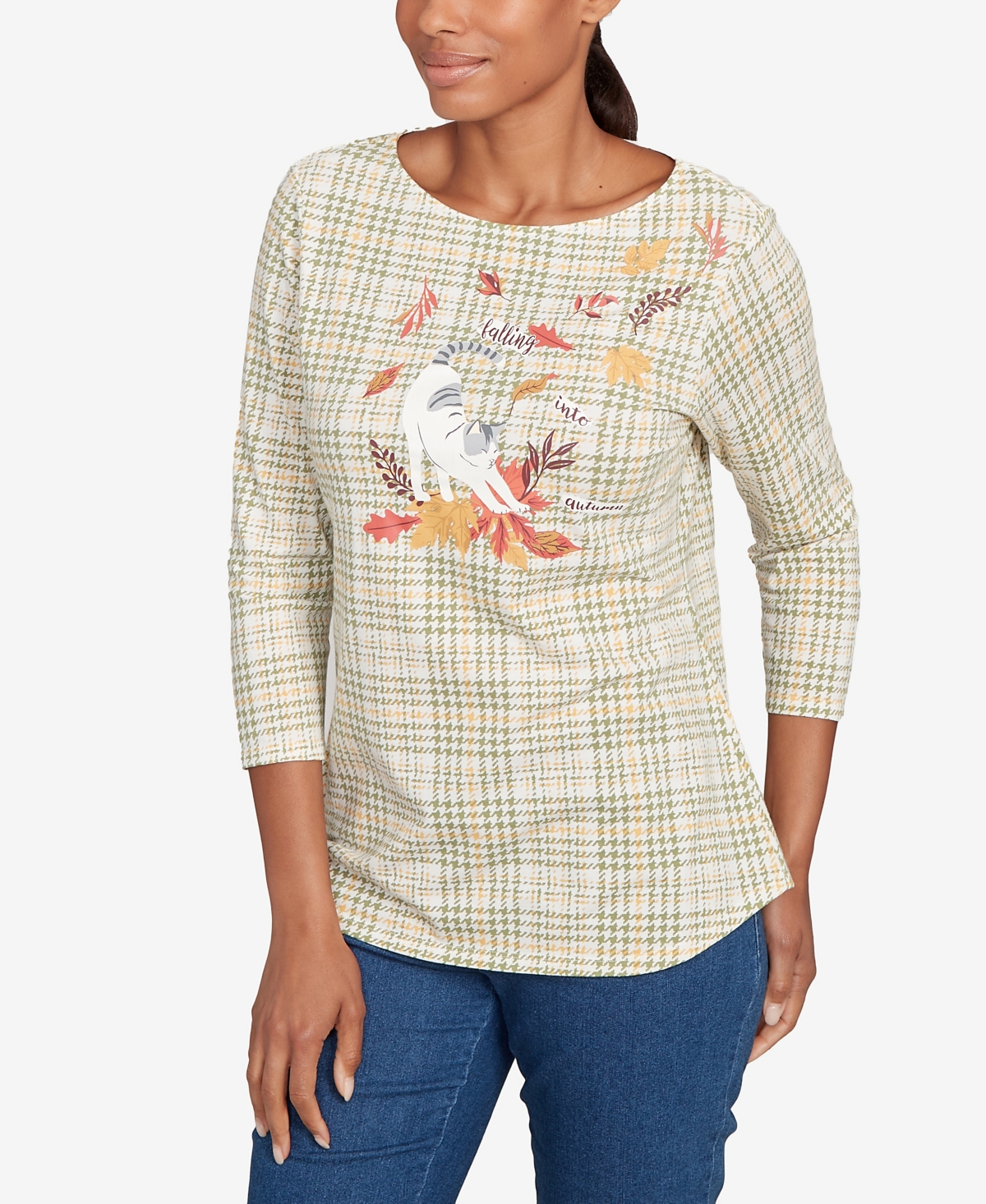 Ruby Rd. Petite Autumn Cat Houndstooth Top In Multi