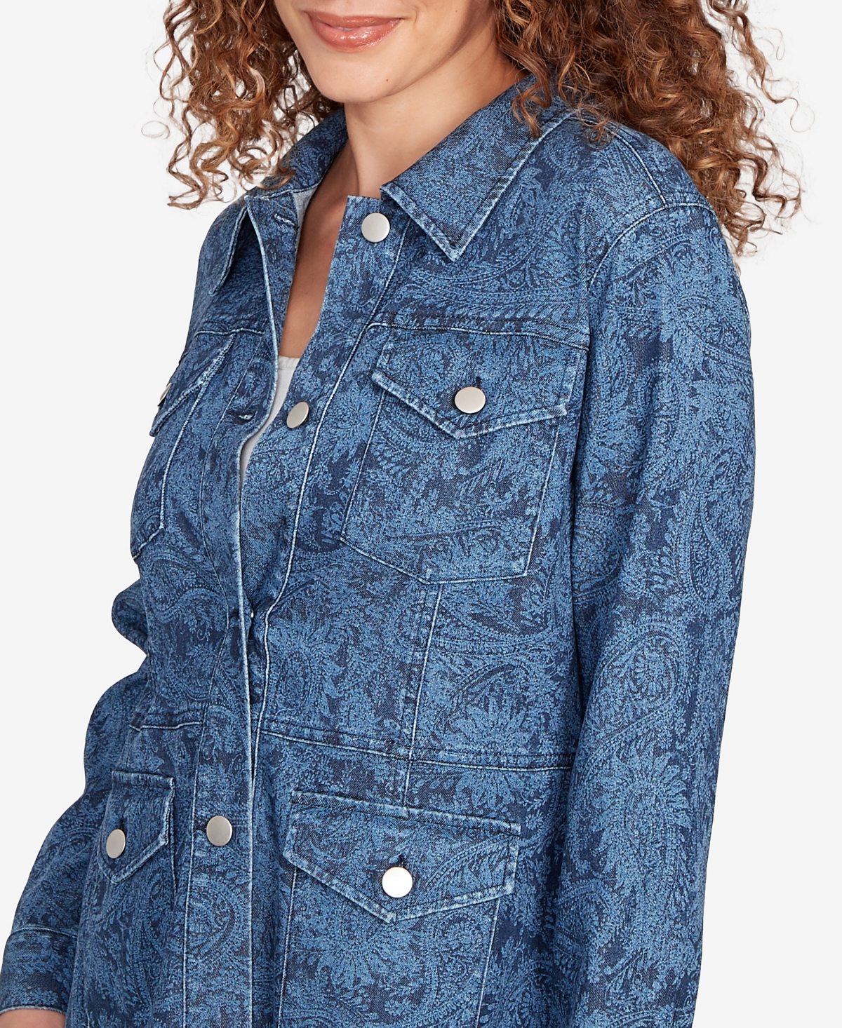 Ruby Rd. Petite Paisley Stretch Denim Utility Jacket In Blue