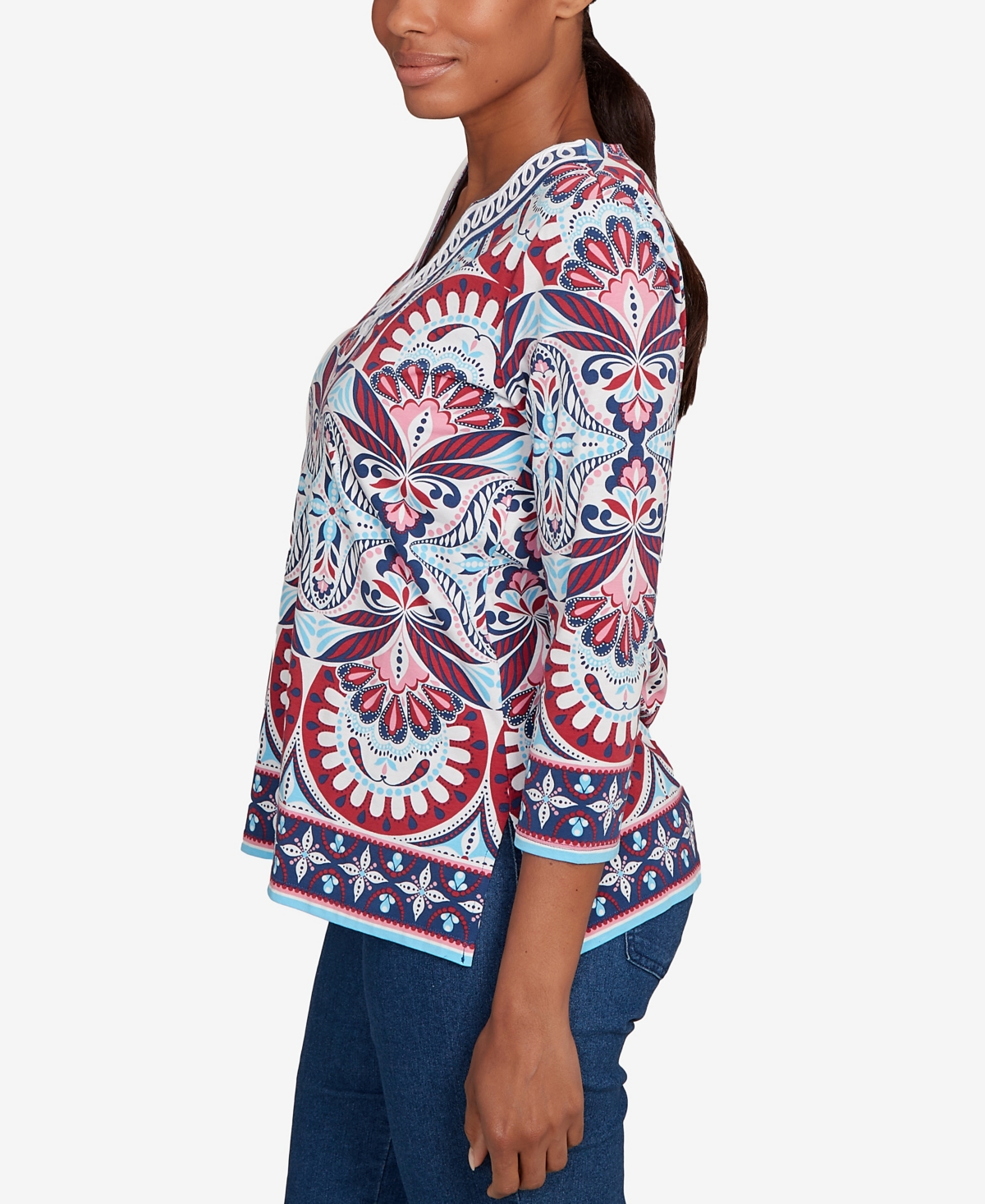 Ruby Rd. Petite Embellished Geo Border Knit Top In Blue