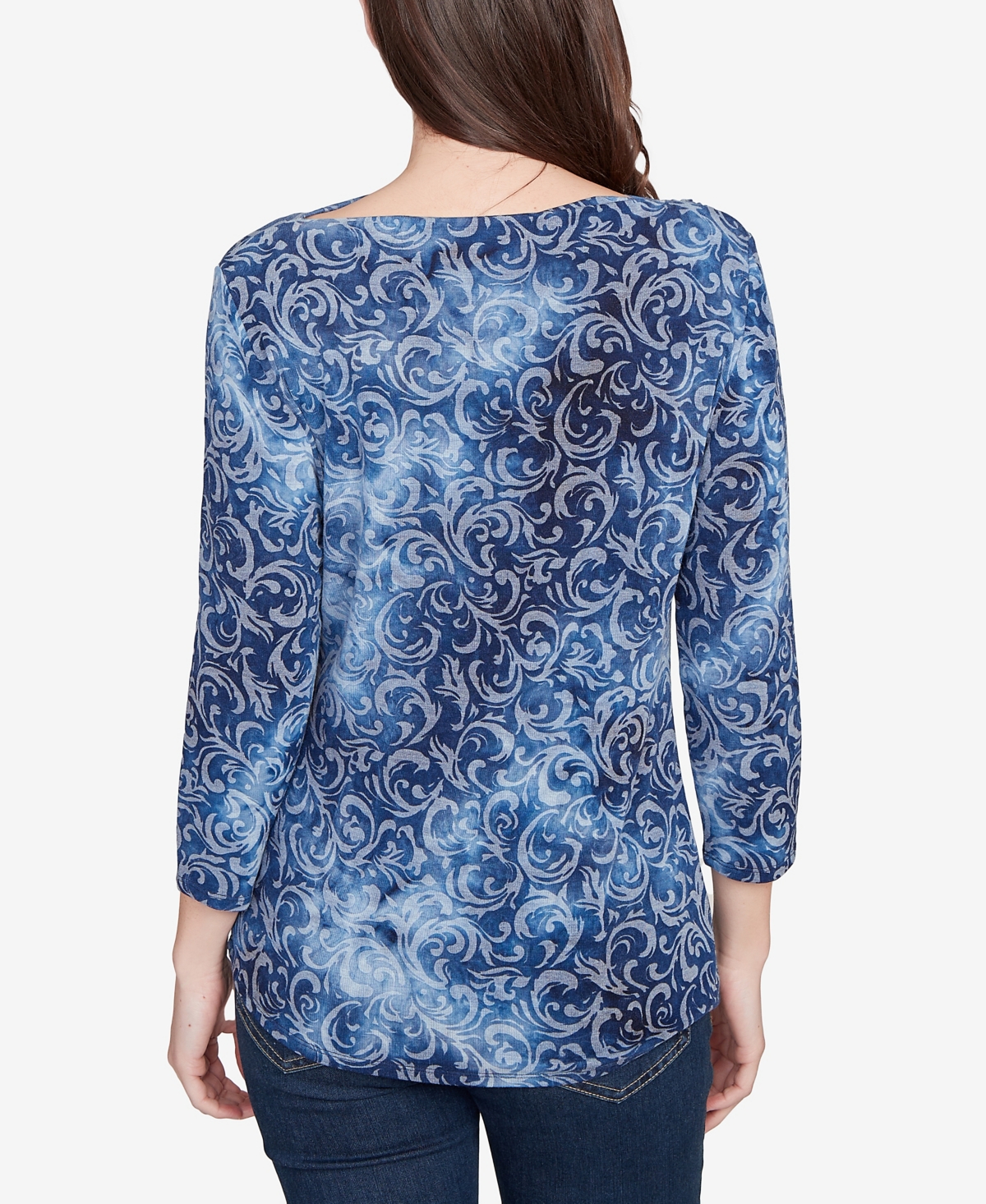 Ruby Rd. Petite Tie Dye Scroll Floral Hatchi Top In Blue