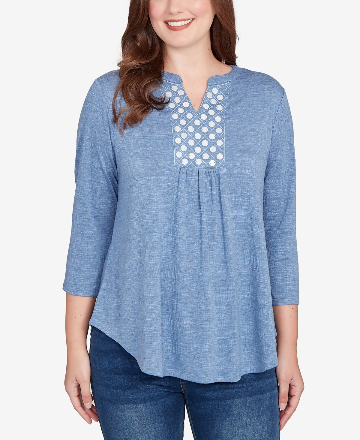 Ruby Rd. Petite Textured Knit Embellished Top In Blue