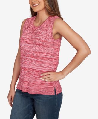 Petite Marled Knit Embroidered Tank Sweater 