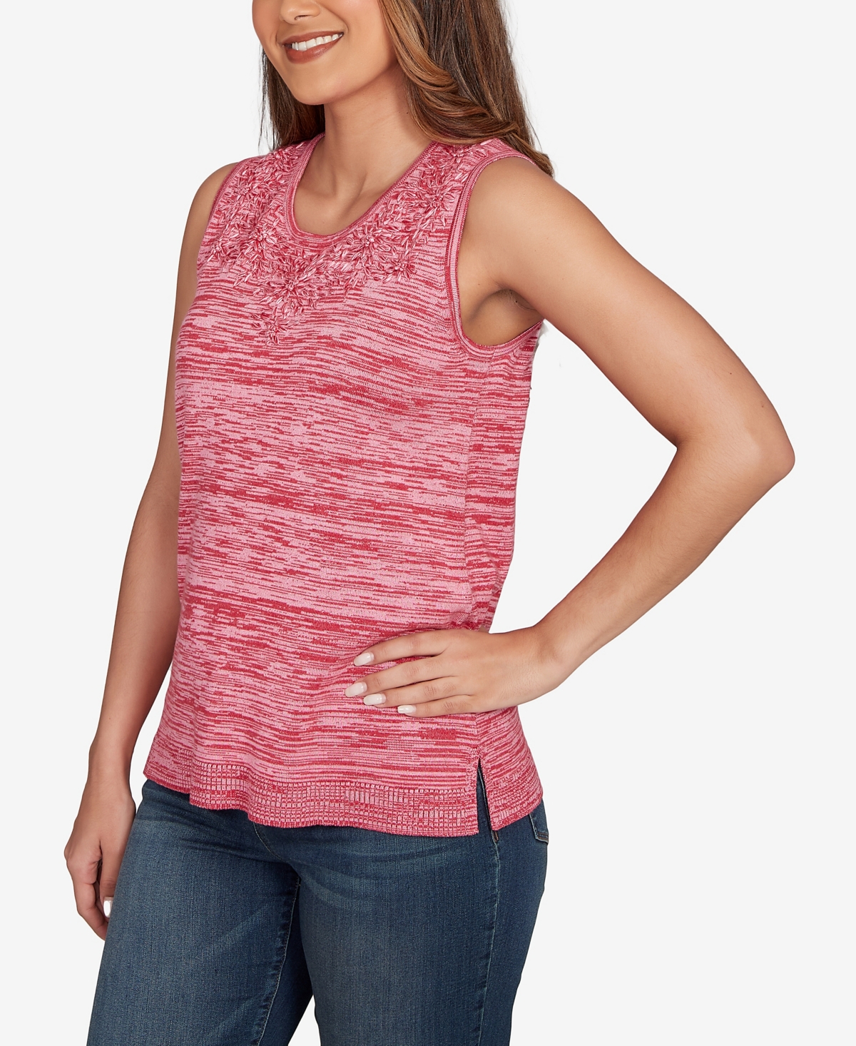 Ruby Rd. Petite Marled Knit Embroidered Tank Sweater In Red