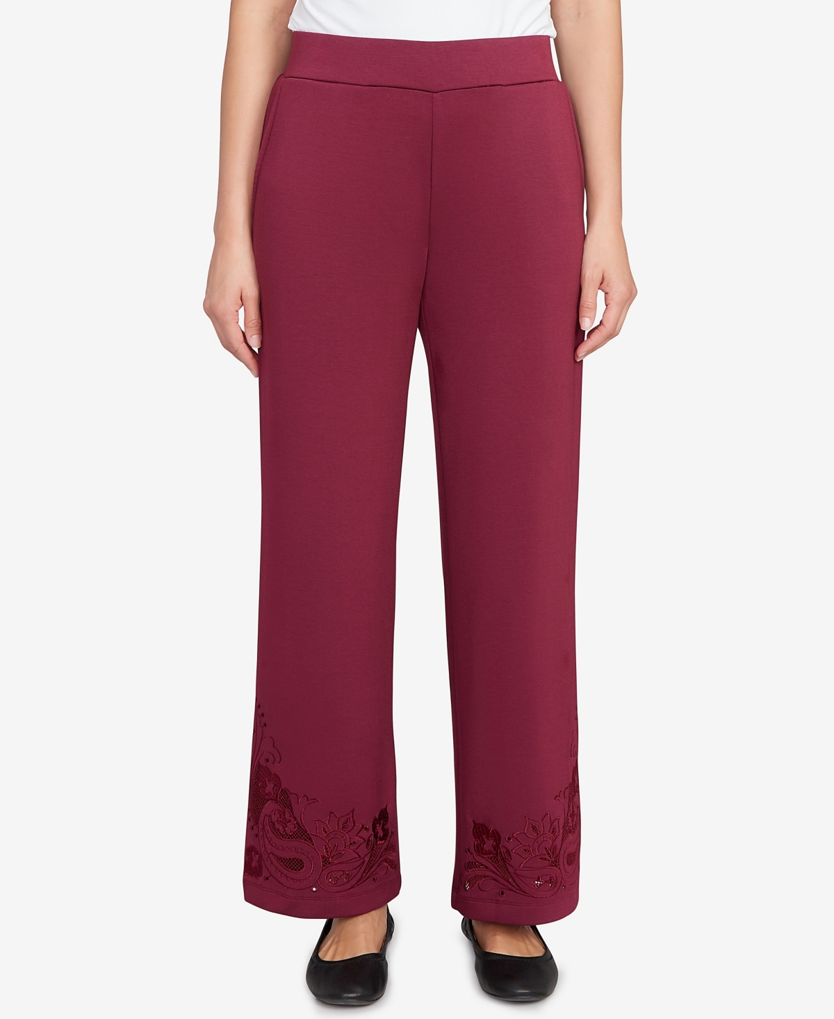 Ruby Rd. Petite Wide Leg Floral Cutout Pants In Red