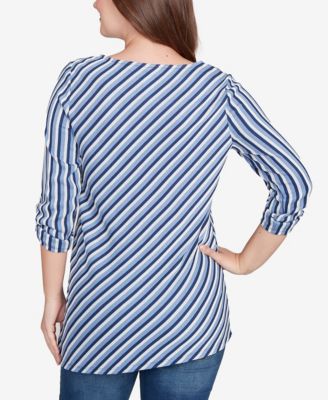 Petite Textured Stripe Roll Tab Sleeve Top