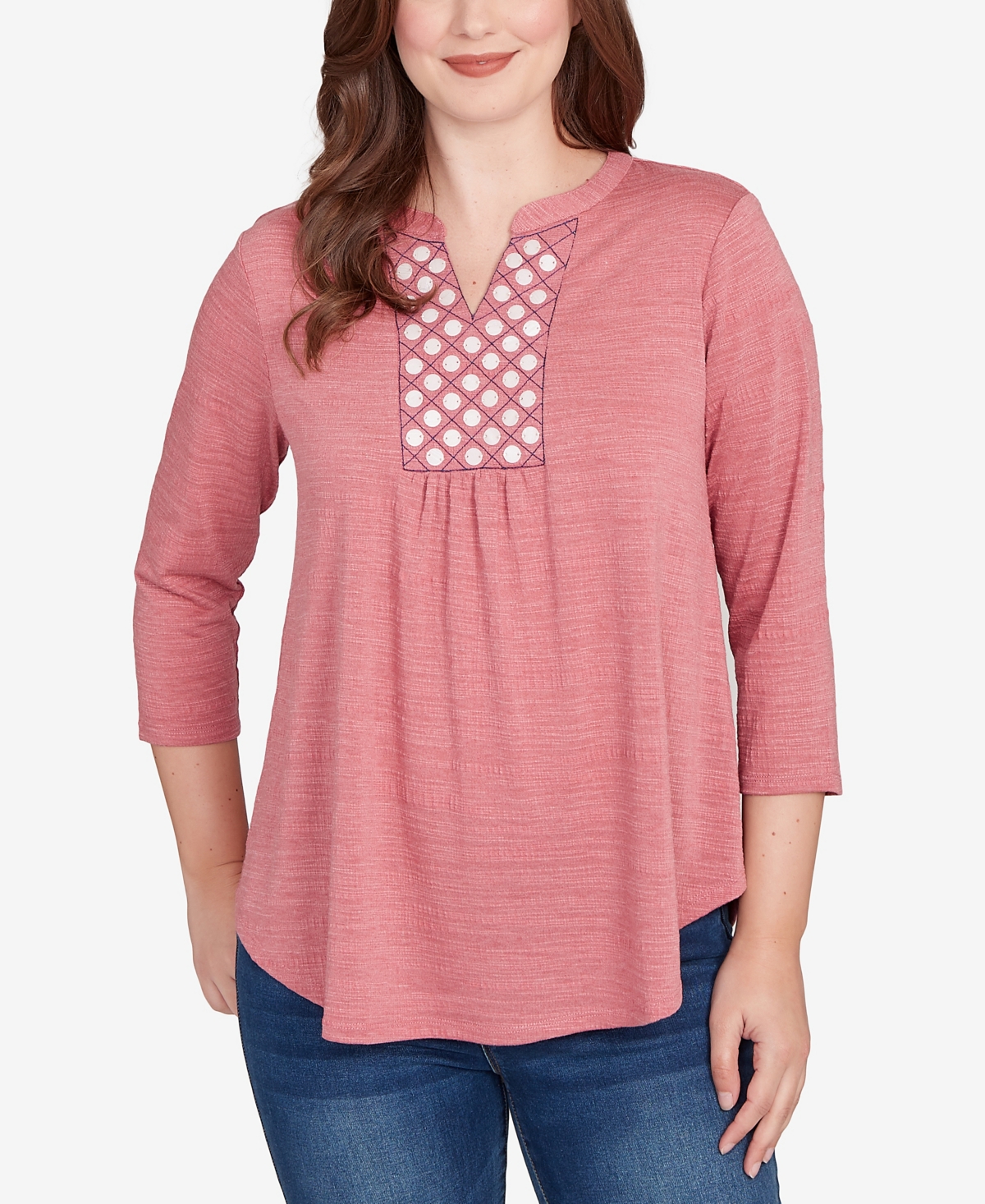 Ruby Rd. Petite Textured Knit Embellished Top In Red