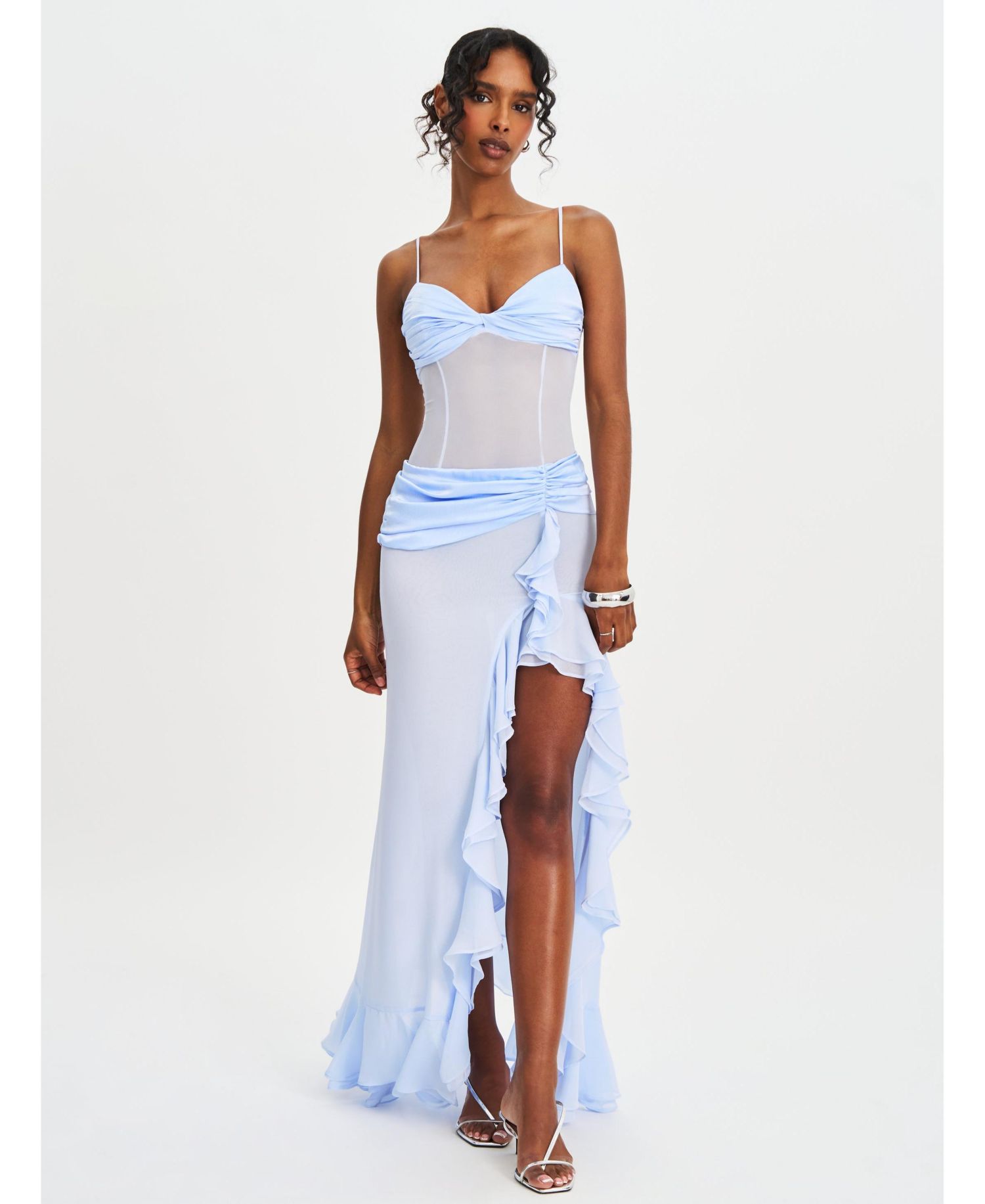 Women Lacy Blue Ruched Breast High Slit Chiffon Dress