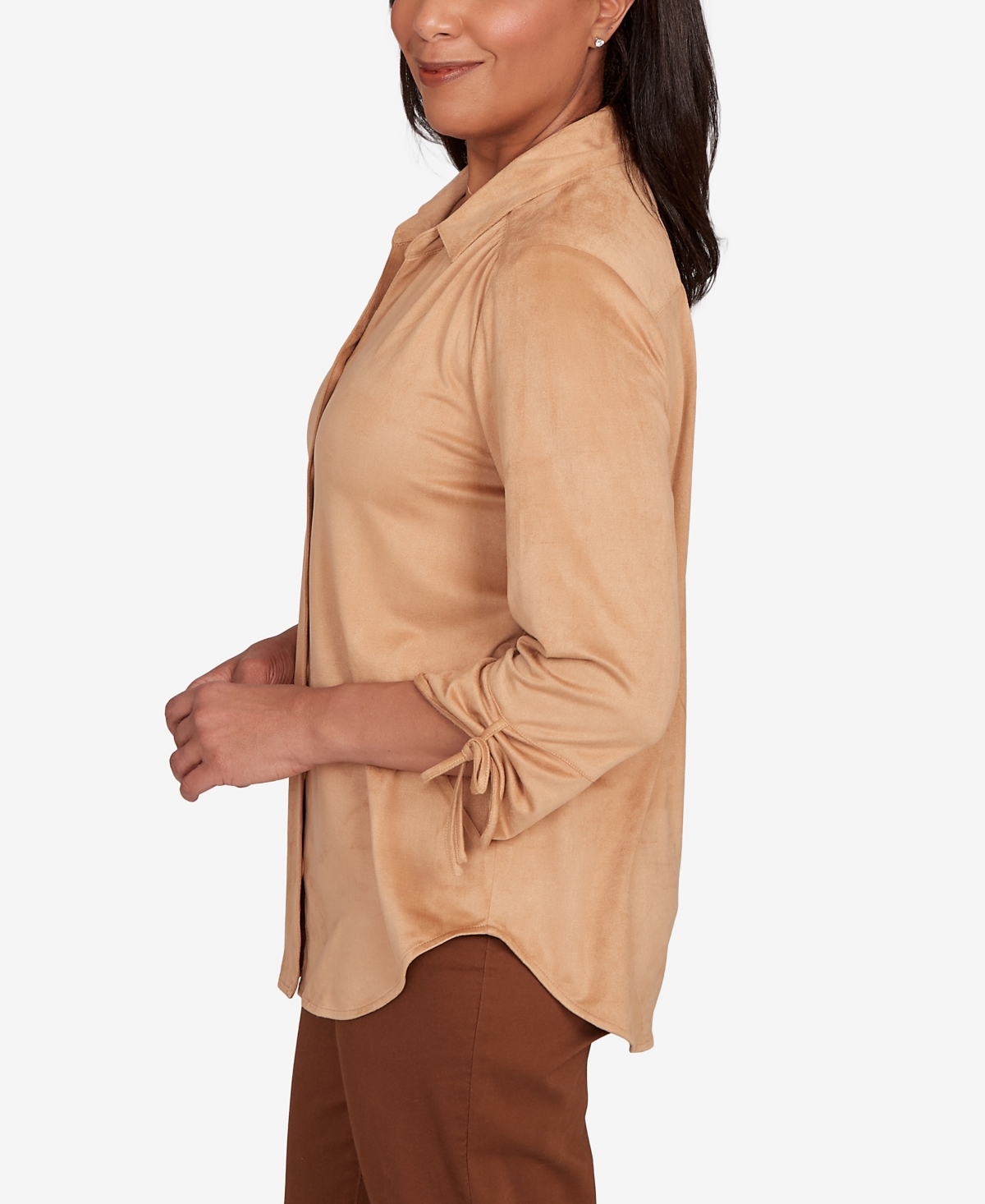 Alfred Dunner Petite Mount Laurel Button Front Faux Suede Top In Brown