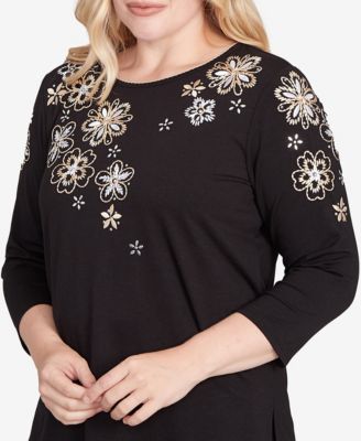 Petite Gold Floral Embroidered Three Quarter Sleeve Top