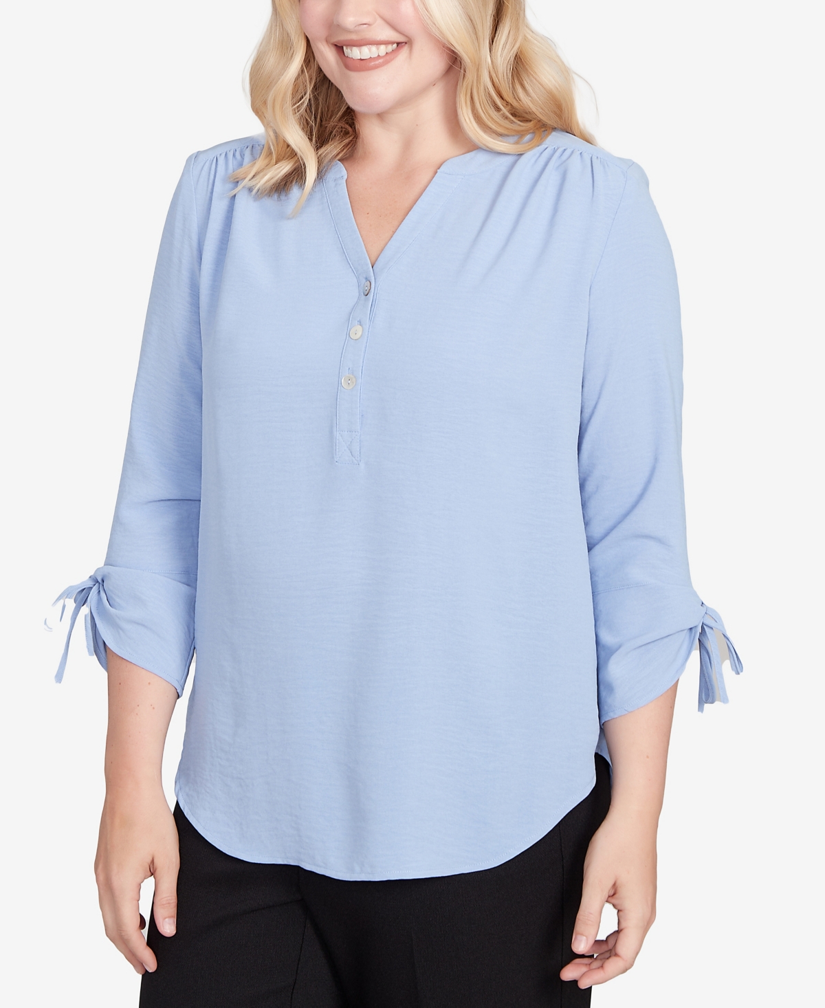 Alfred Dunner Petite Tie Sleeve Crinkle Textured Henley Top In Blue