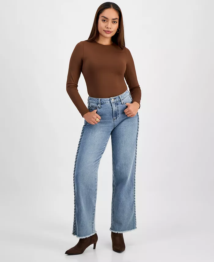 Women's Braided-Trim High Rise Straight Leg Jeans