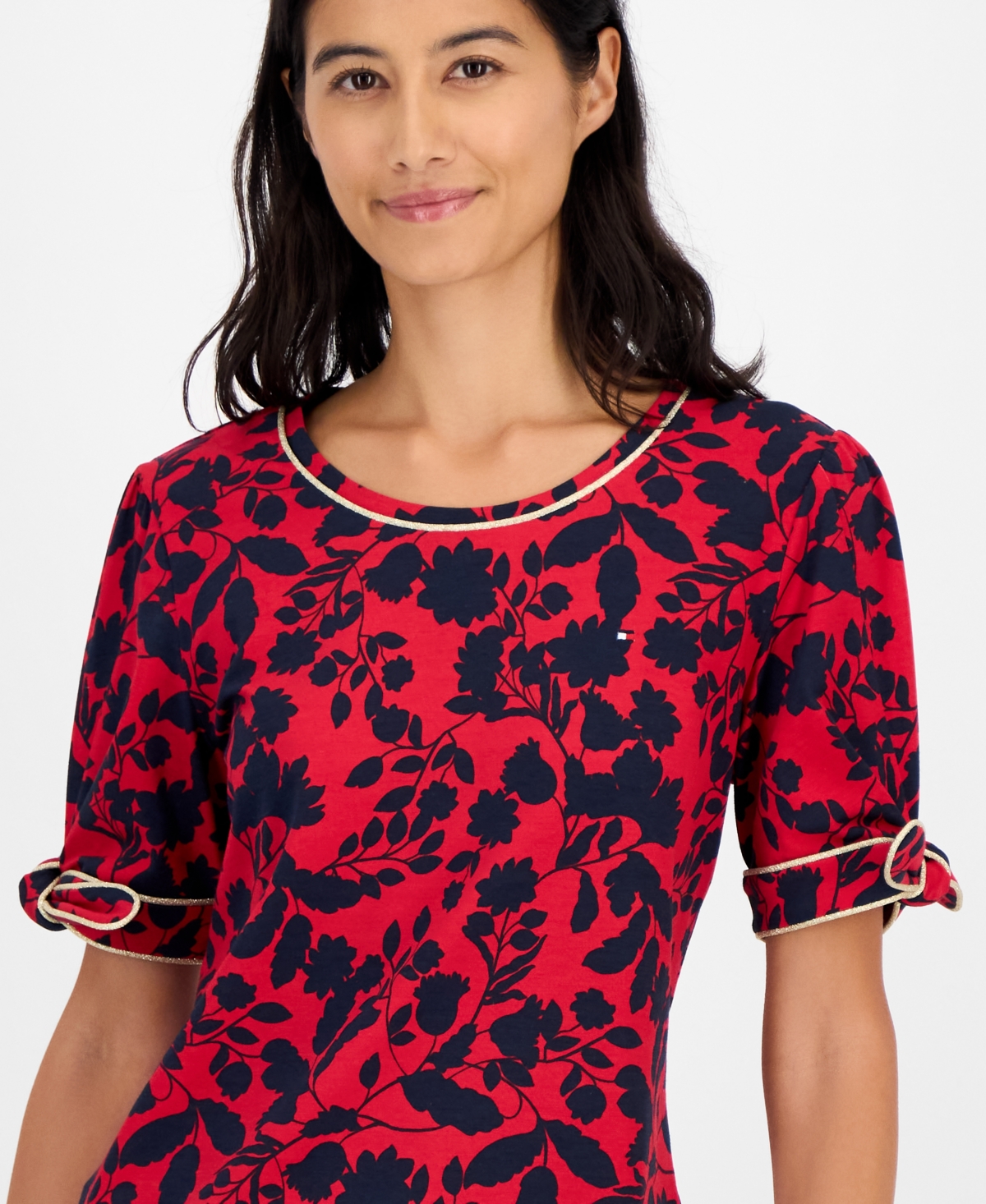 Tommy Hilfiger Women's Floral-print Tie-cuff T-shirt In Multi