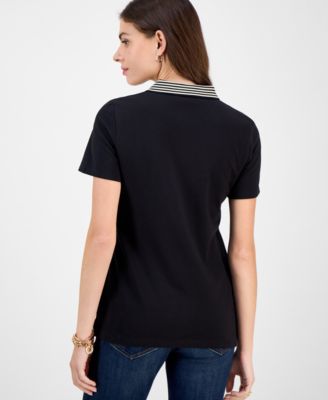 Women's Metallic Striped-Collar Polo Shirt