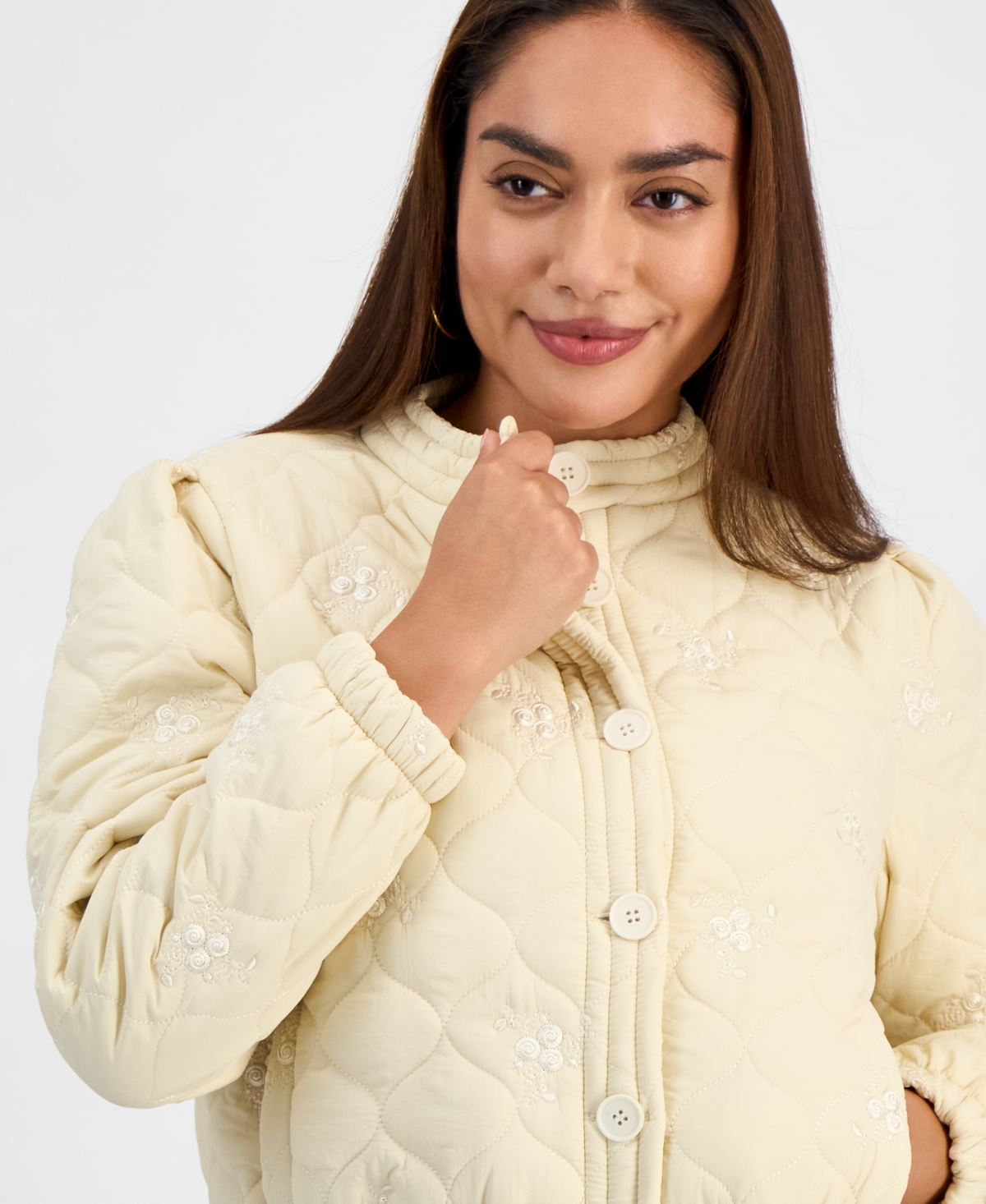 And Now This Petite Embroidered Quilted Puffer Jacket, Macy's Exclusive In White