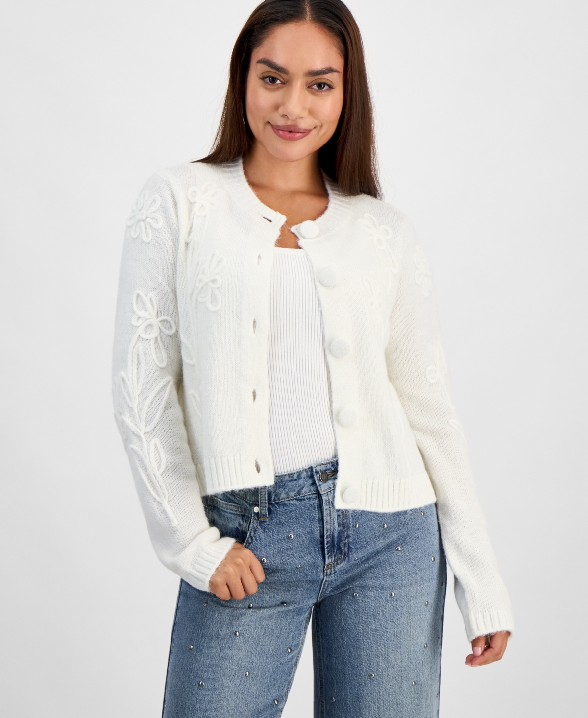 And Now This Petite 3d-floral Cardigan, Macy's Exclusive In White