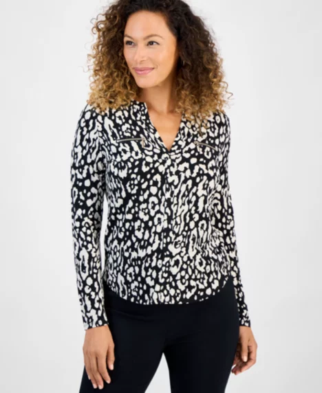 Petite Long-Sleeve Faux-Pocket Long Sleeve Top - Deep Black