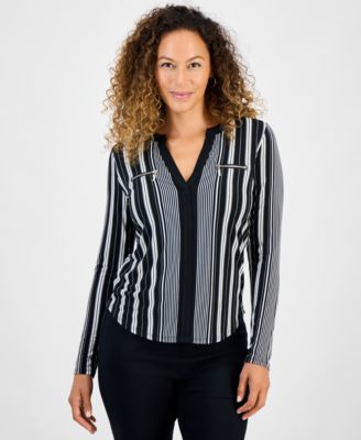 JM Collection - Petite Printed Long-Sleeve Faux-Pocket Top