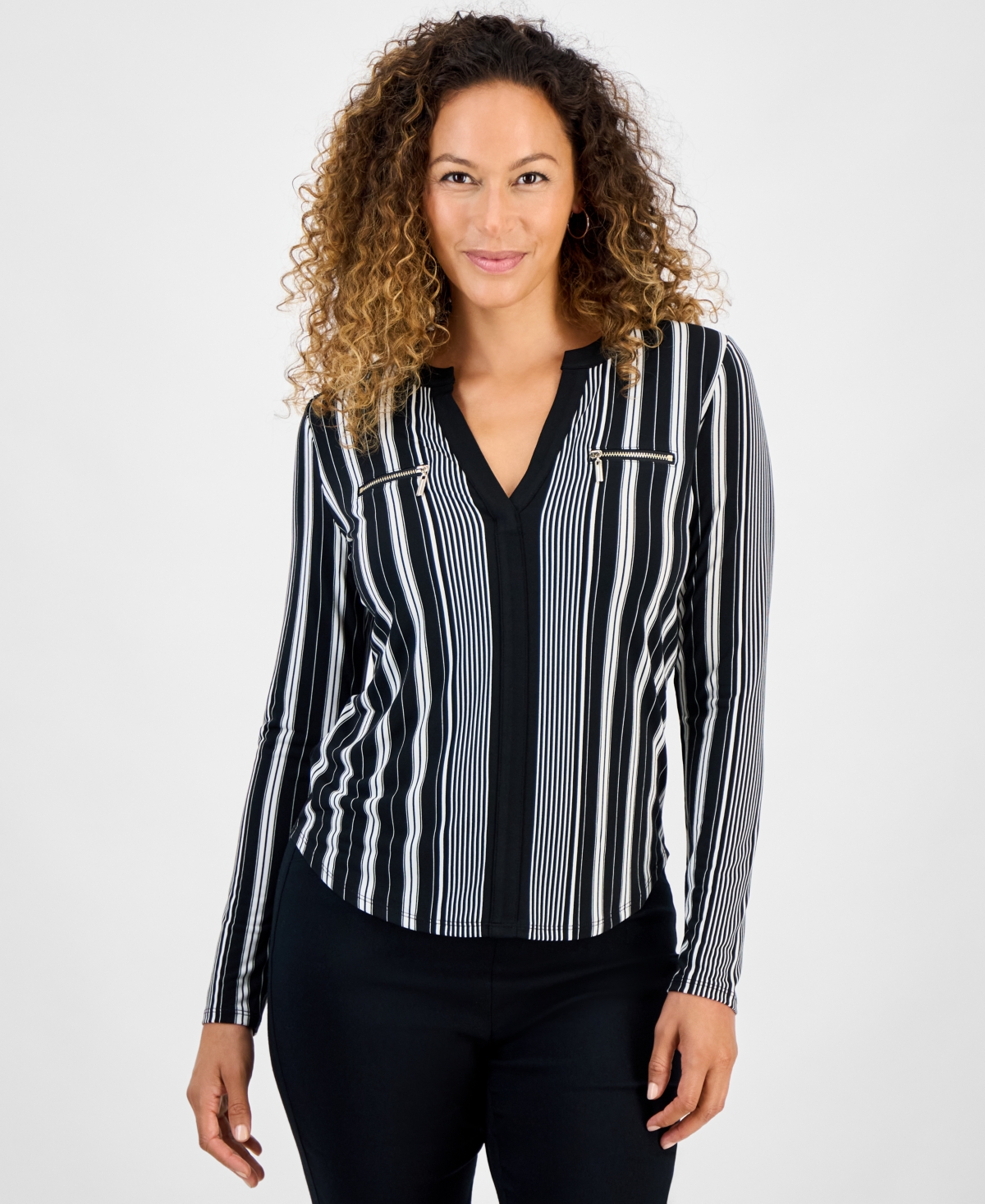 Jm Collection Petite Printed Long-sleeve Faux-pocket Top In Black