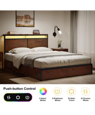 Modern Queen Bed Frame with LED Headboard, 4 Storage Drawers, No Box Spring Needed