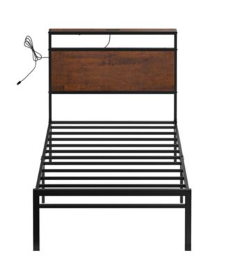 Industrial Twin Size Bed Frame with Storage LED Headboard, Charging Station, No Box Spring Needed