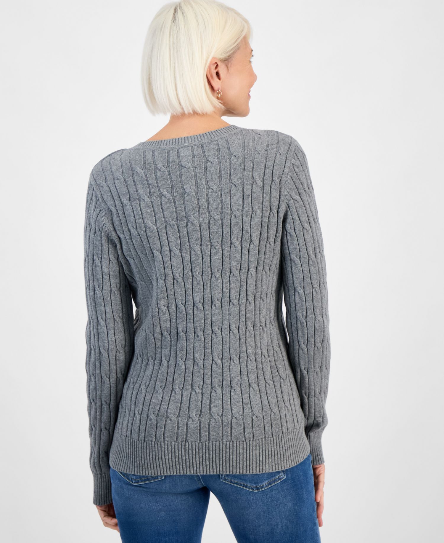 Petite Cotton Cable-Knit V-Neck Sweater