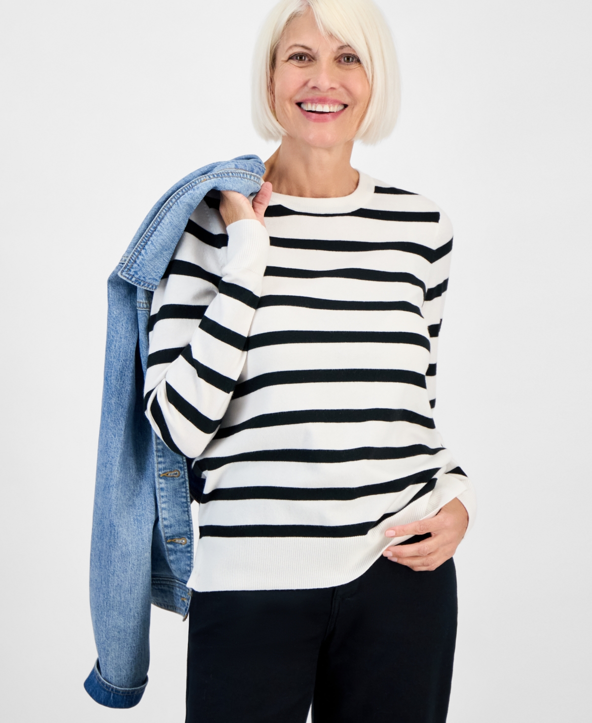Style & Co Petite Striped Relaxed Sweater, Macy's Exclusive In White