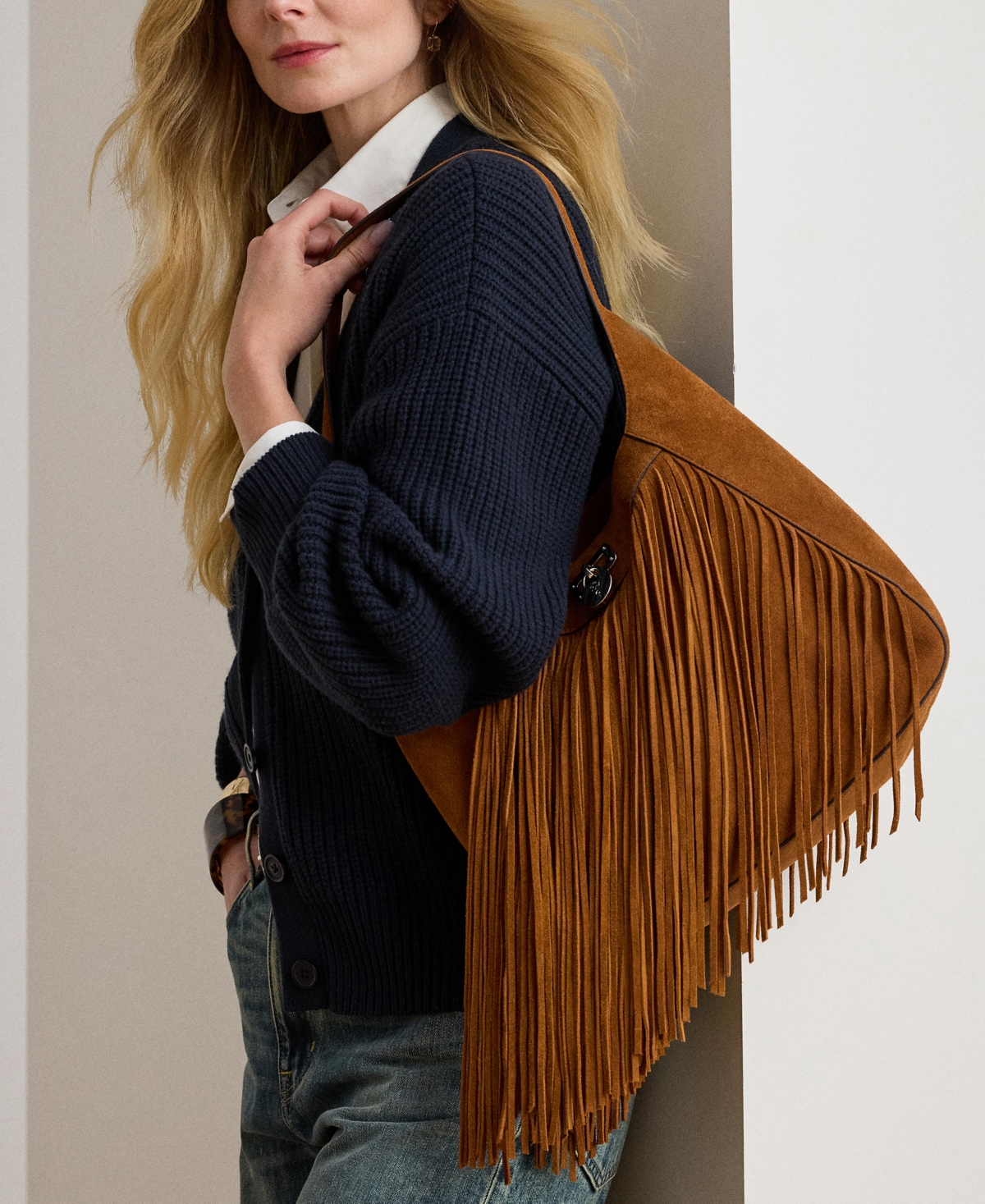 Ralph Lauren Tanner Medium Suede Fringe Shoulder Bag In Brown