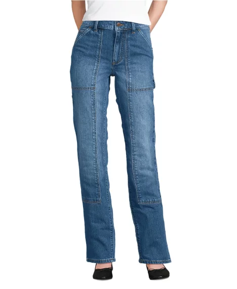 Petite Soft Denim High Rise Rail Straight Leg Utility Jeans - Indigo tide blue