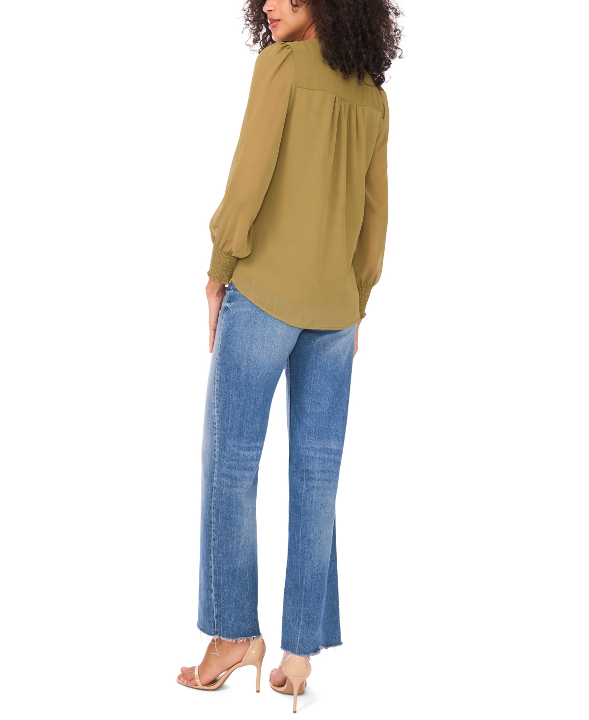 Sam & Jess Women's V-neck Button-front Smocked-shoulder Top In Green