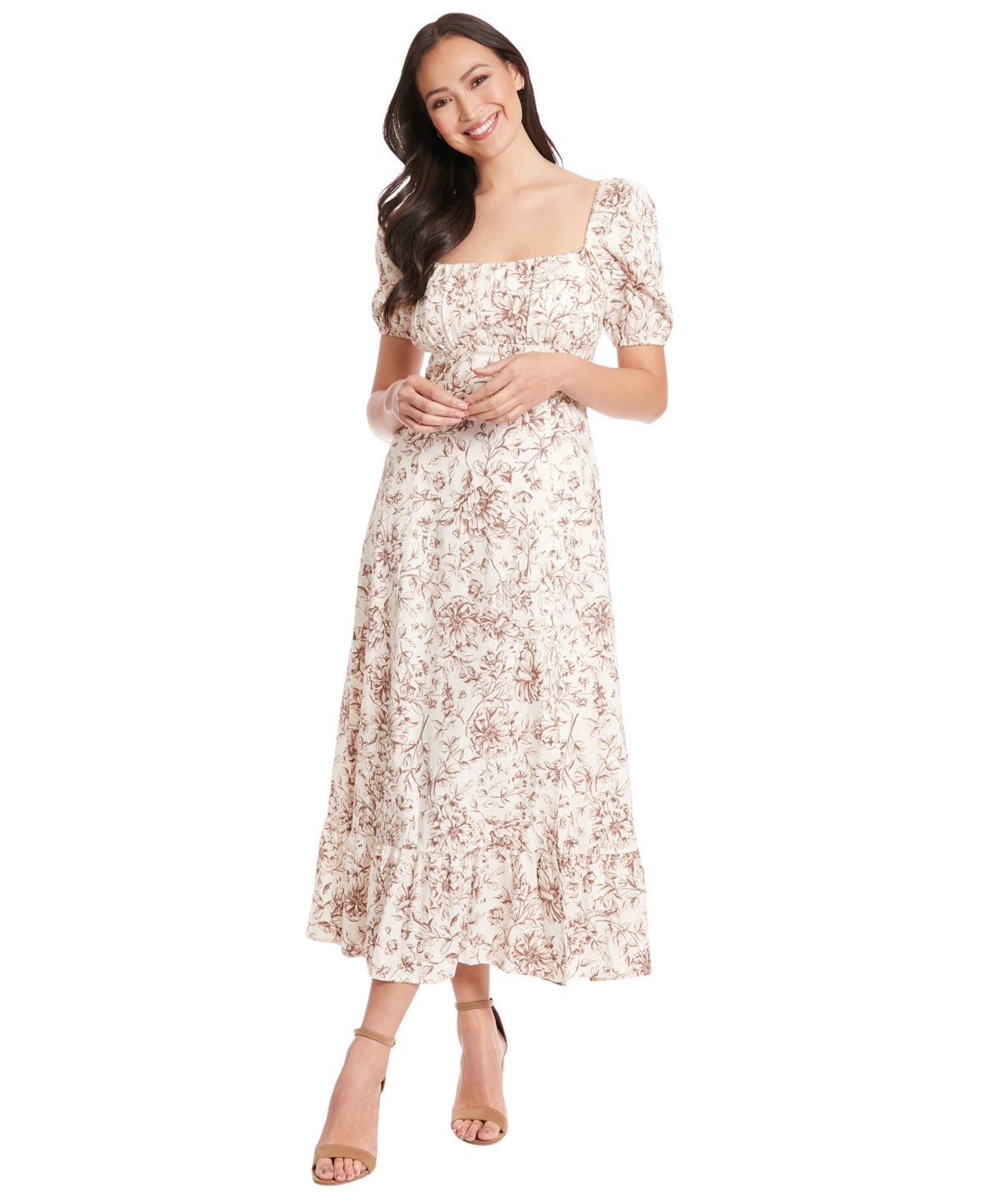 London Times Petite Floral-print Puff-sleeve Maxi Dress