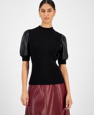 T Tahari - Women's Ribbed Faux-Leather-Sleeve Top