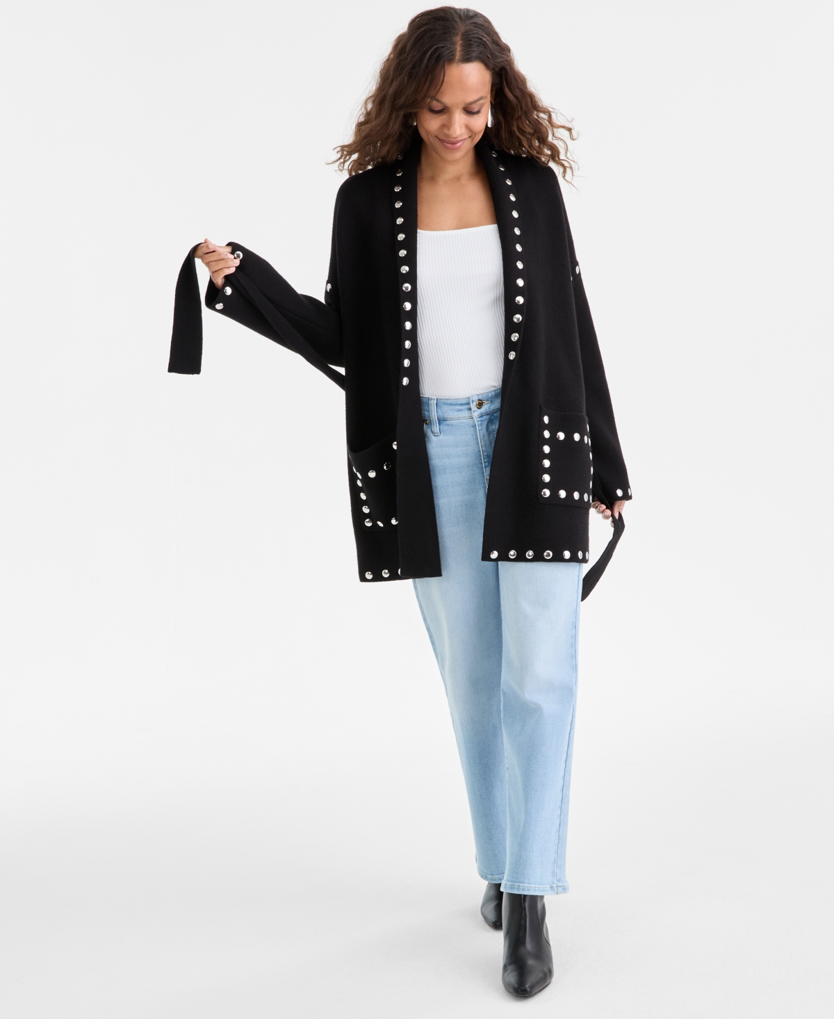 Inc International Concepts Petite Studded Cardigan, Macy's Exclusive In Black