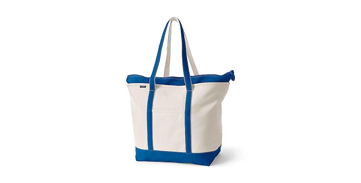 Lands' End Natural 5 Pocket Zip Top Long Handle Canvas Tote Bag