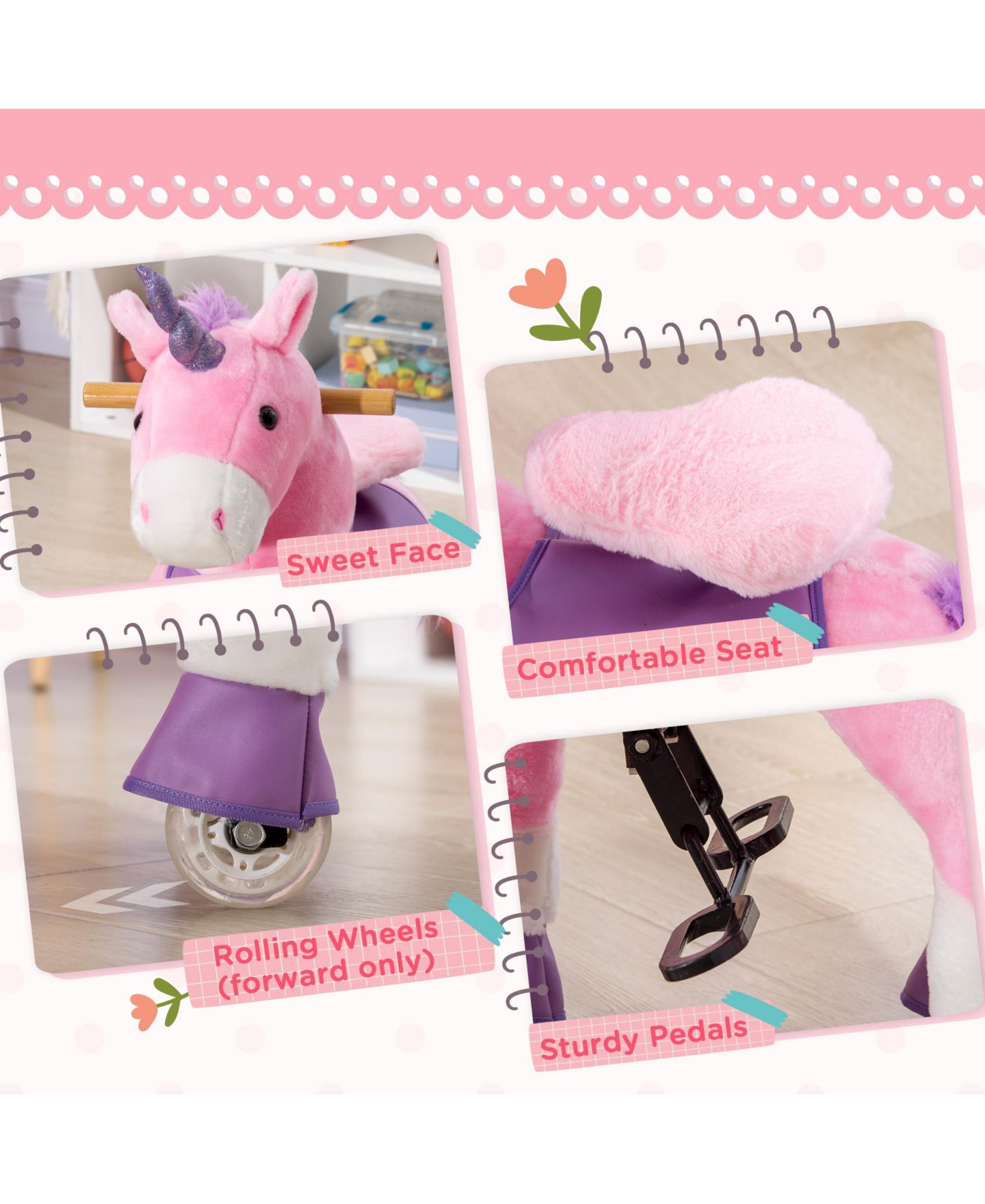Детская игрушка Qaba Unicorn Walking Horse Ride-On with Rolling Wheels, 176 lbs. Capacity, Ages 3-6 — фото 7