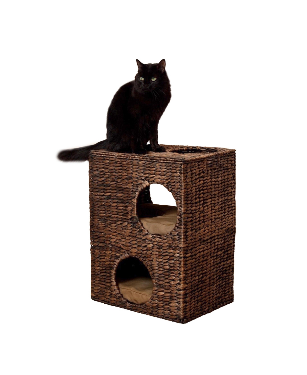 Jaxon 18&#x22; Modern Classic 2-Tier Handwoven Hyacinth Rectangular 5-Hole Pet Condo with 2 Machine-Washable Cushions - Brown