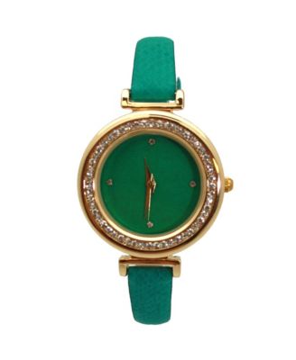 Green Thin Solid Color Strap and Rhinestones Women Watch