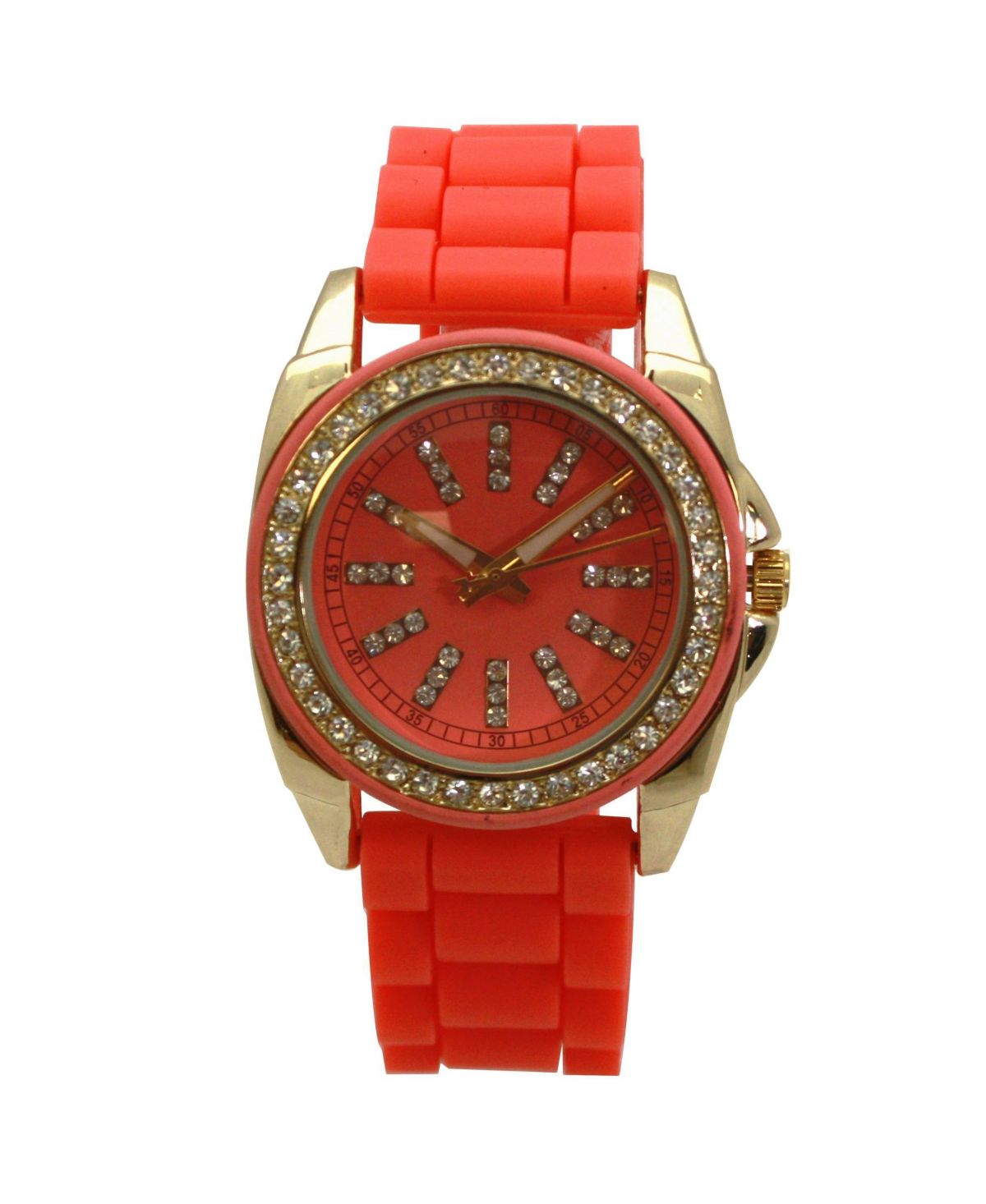 Женские часы на ярком оранжевом силиконовом ремешке со стразами и цифрами
