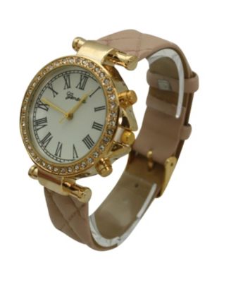 Beige Quilted and Gold Detail Leather Strap Watch