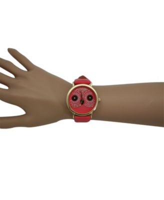 Hot Pink Dazzling Owl Face Leather Strap Watch