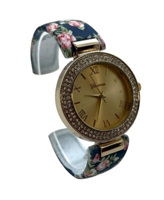 Navy Floral Printed Soft Band Bangle Women Watch