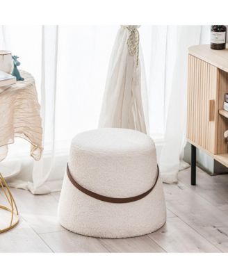 - White Boucl&eacute; with Rope Pouf Vintage Style Upholstery Living Room