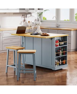CASAINC 50" 3 Pc. Set Rubber Wood, Bamboo Drop Leaf, Power Outlet, Drawers, Racks, Bar Stools Kitchen Island