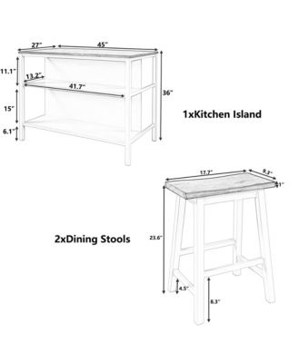 3-Piece Stationary Kitchen Island Set with Butcher Block and Seating