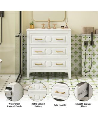 30" Freestanding Vanity With Ceramic Sink Combo and 3 Drawers, Solid Wood Frame