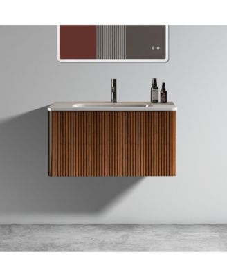 Etna 30" Floating Vanity With Ceramic Sink and Walnut Striped Finish, KD Assembly