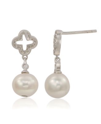 Suzy Levian Sterling Silver Clover White Sapphire and Cultured Pearl Earrings