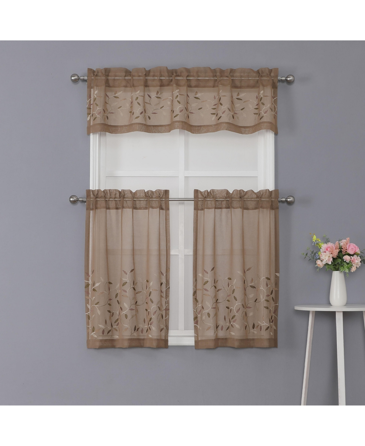Shabby Sheer Embroidered Complete 3 Piece Floral Rod Pocket Cafe Kitchen Curtain Tier & Valance Set - Taupe/linen