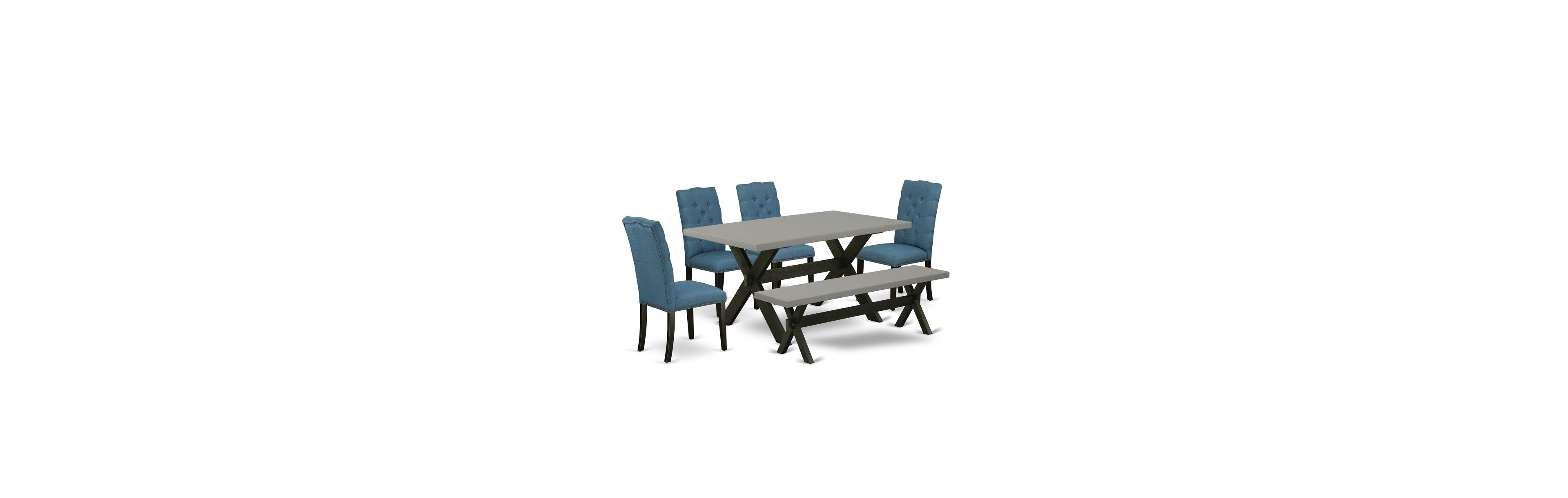 East West Furniture 6-Piece Dining Set of rectangular Tabletop and Dining Bench and 4 Linen Fabric Kitchen Parson Chairs with Nail Heads