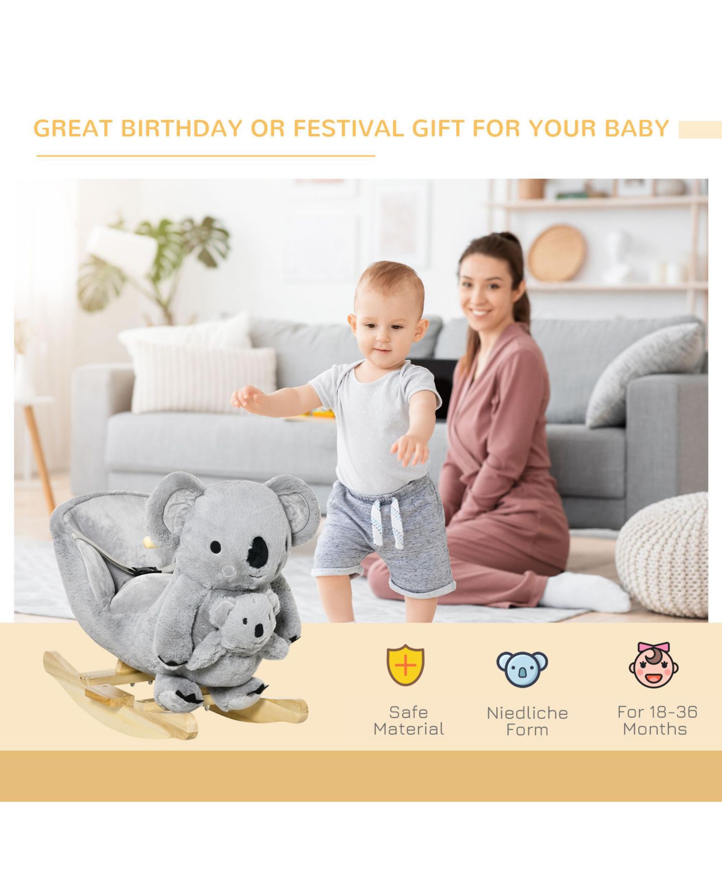 Детская игрушка Qaba Koala Ride-On Rocking Horse with Sounds, 99-lb. Capacity, Ages 18-36 Months — фото 6