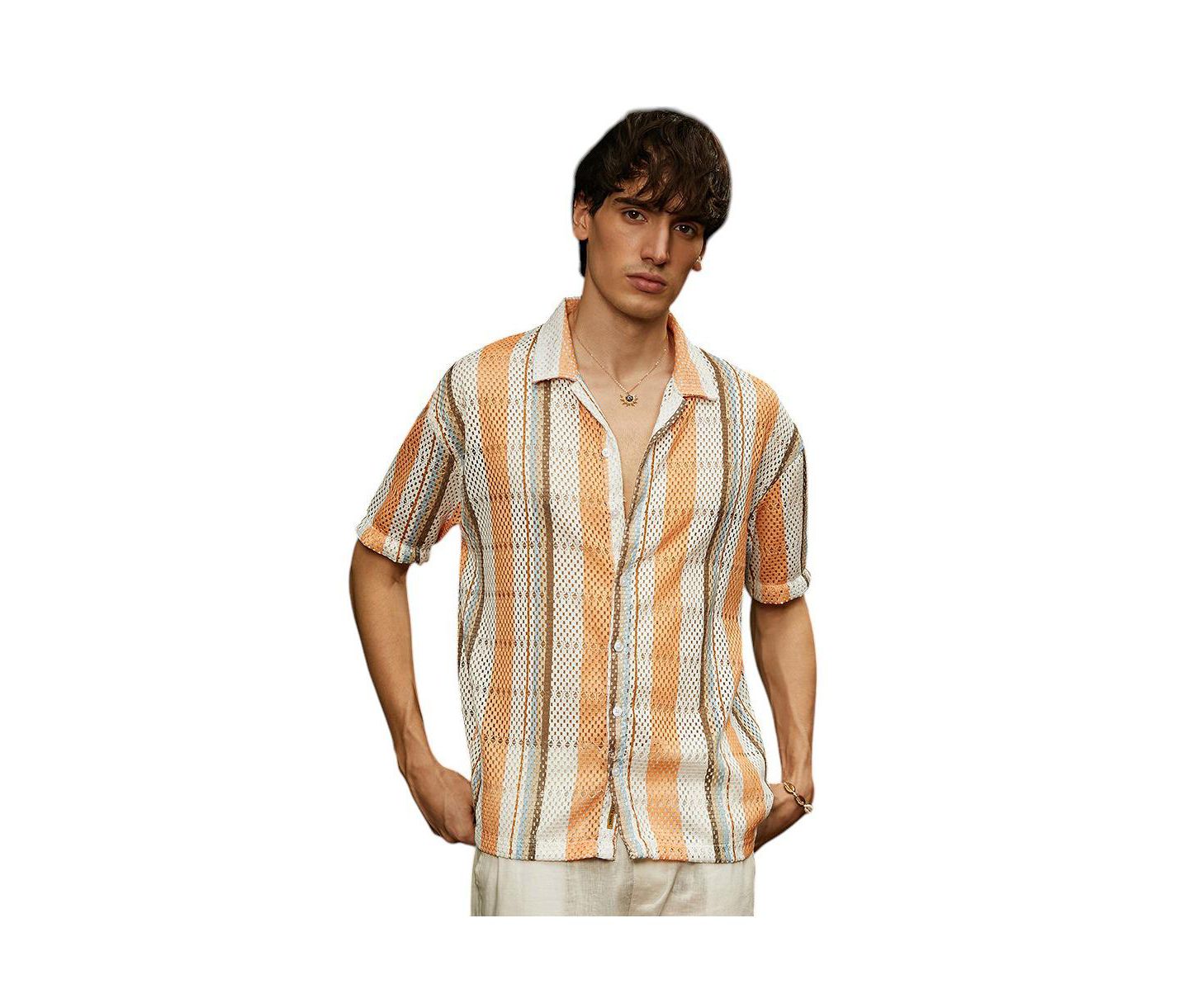 Мужская рубашка Cahoot Campus Sutra Coral Orange & Saltbox Beige Multitrack Knit Oversized, цвет: Оранжевый — фото 1